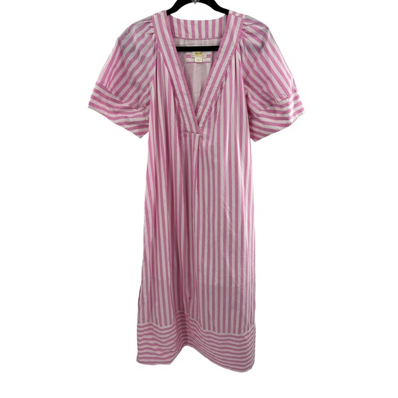 Maeve by Anthropologie Dresses & Skirts - Maeve Anthropologie Pink White Striped V-Neck Puff Sleeve Midi Kaftan Dress M